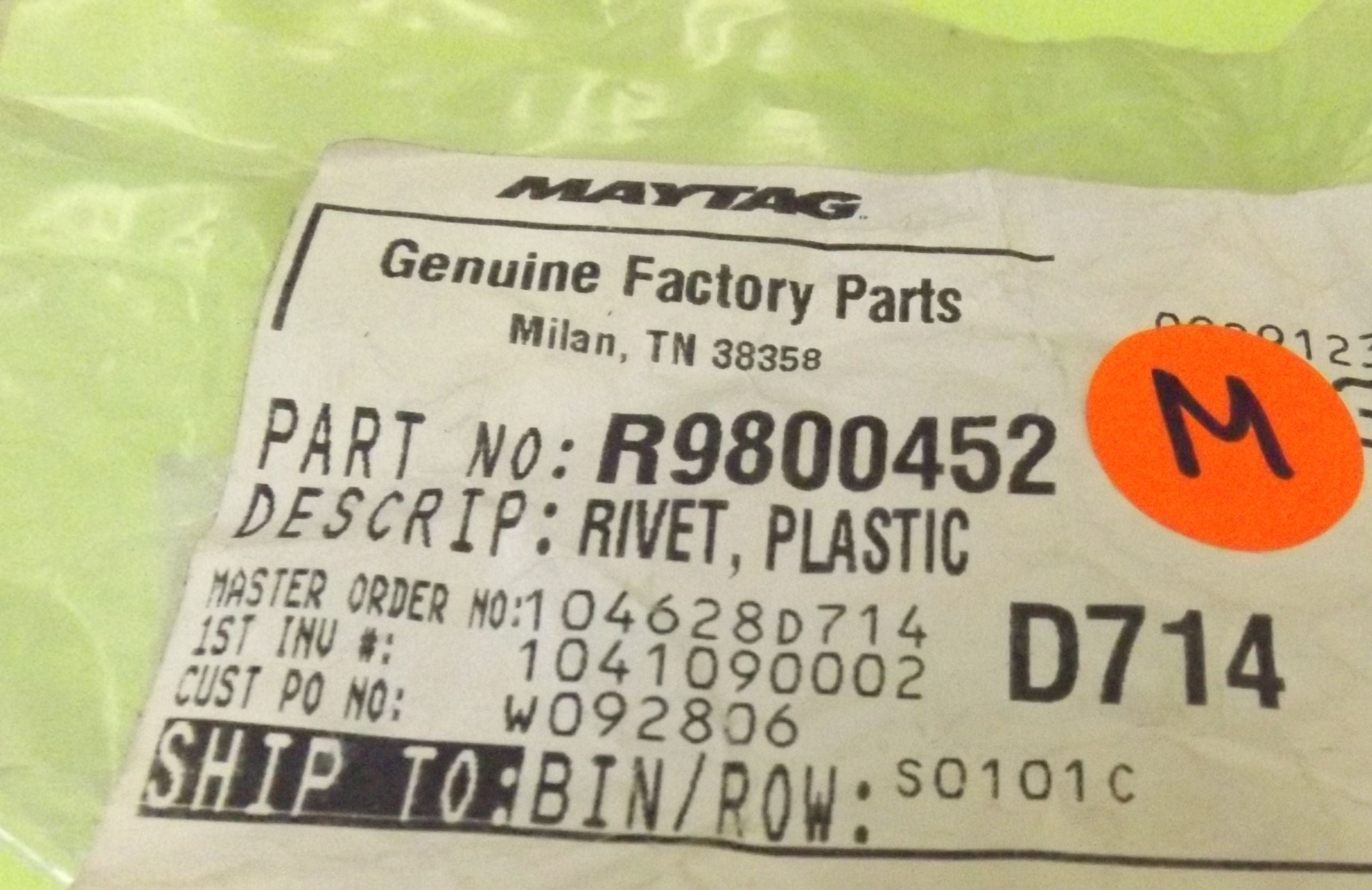 Maytag Microwave R9800452 Rivit Plastic (New) Maytag Microwave R9800452 Rivit Plastic (New)